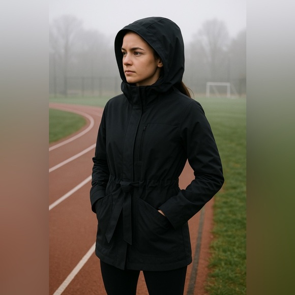 KIT AND ACE Black Hooded Shell Jacket with Waist Belt - Picture 1 of 5